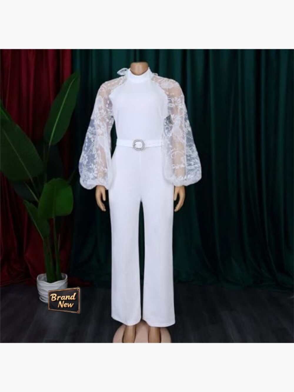 Lantern Sleeve Jumpsuit Formal Belted High Neck Polyester Wedding Guest - Picture 3 of 7